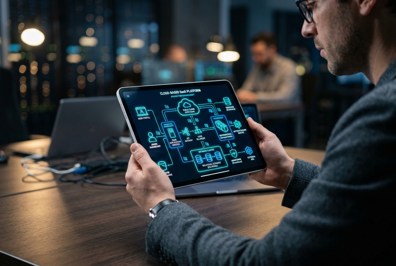 Person holding tablet with glowing SaaS cloud diagram