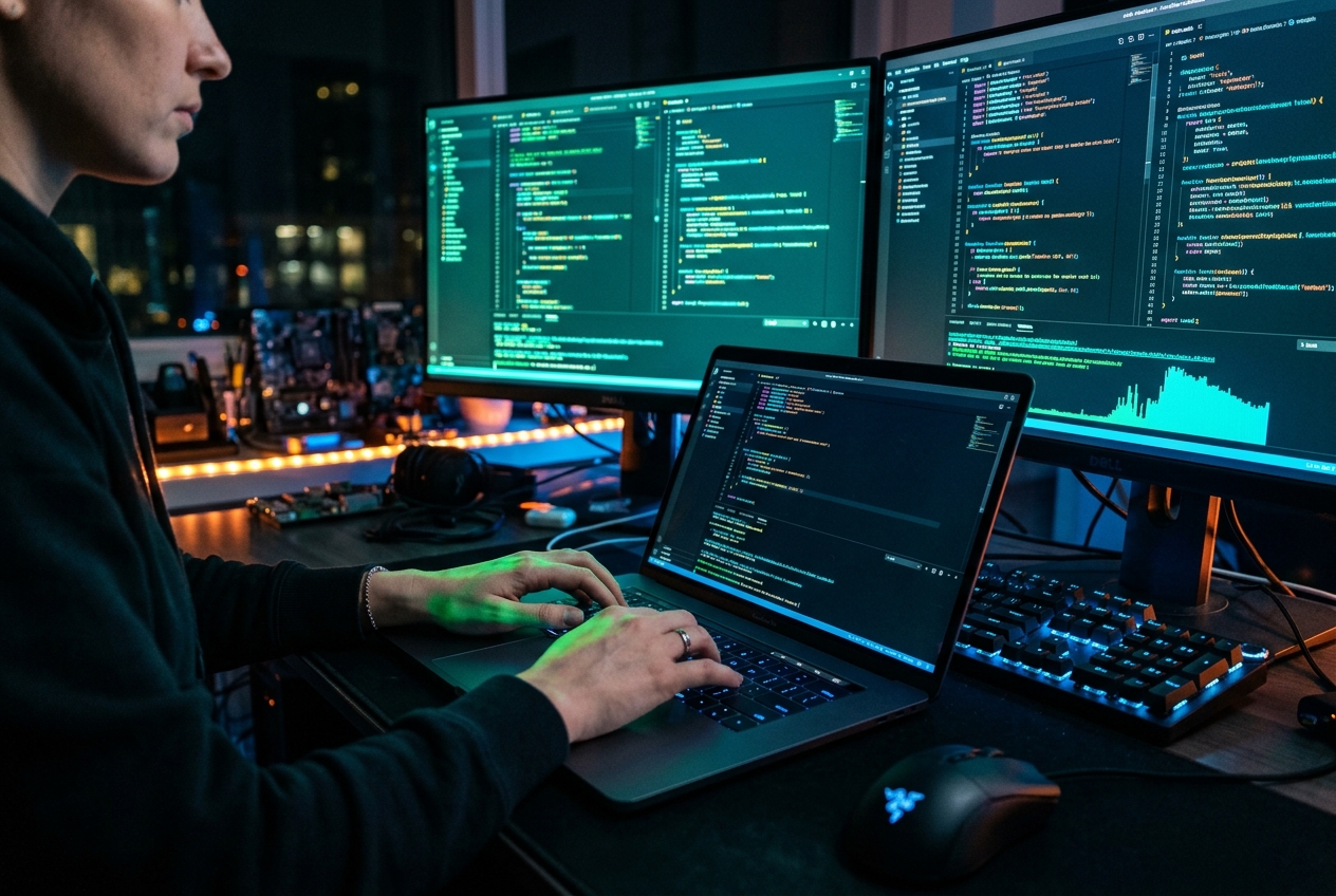 Software engineer coding late night with code reflections
