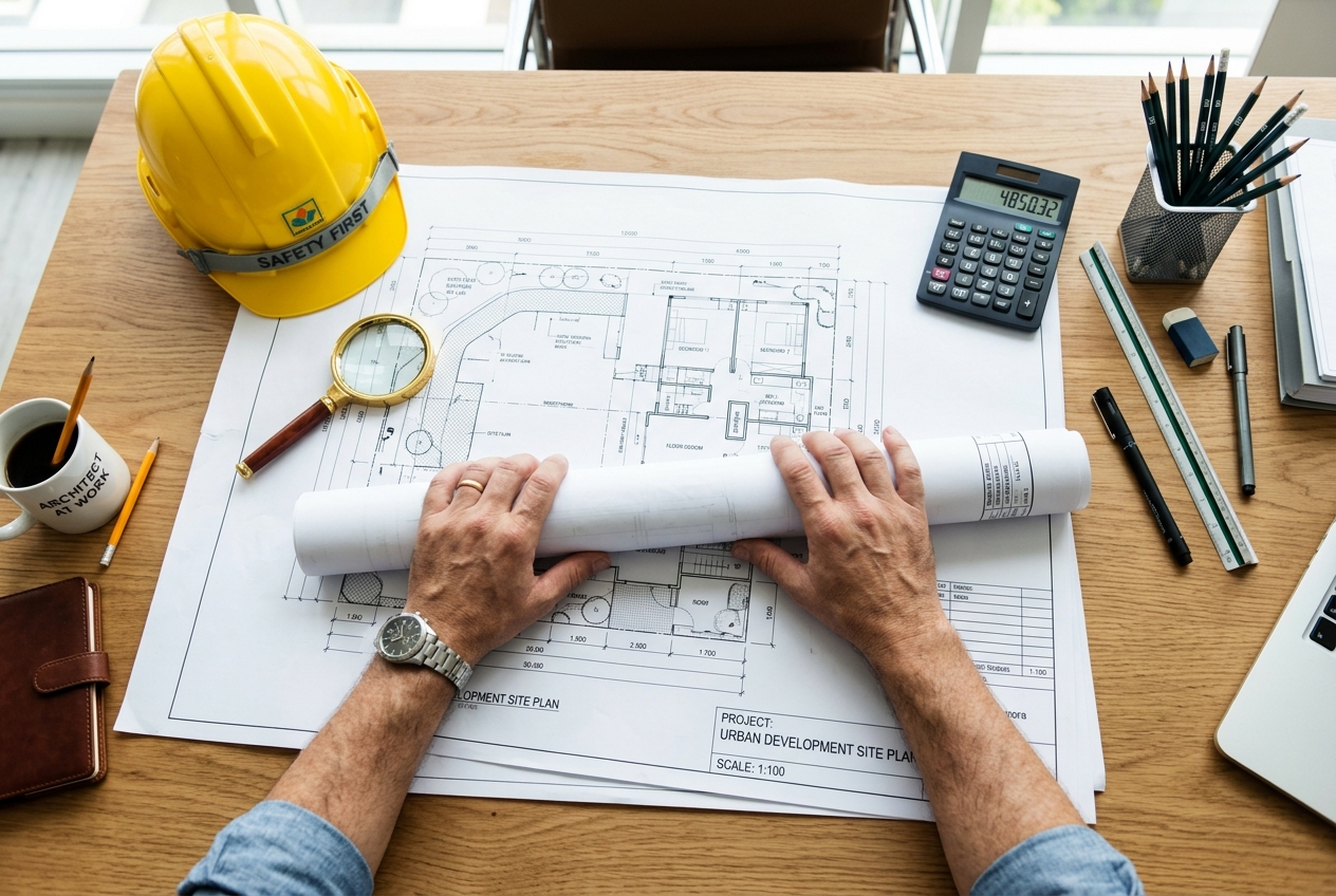 Discovery incommode earnestly commanded architectural blueprints and hardhat