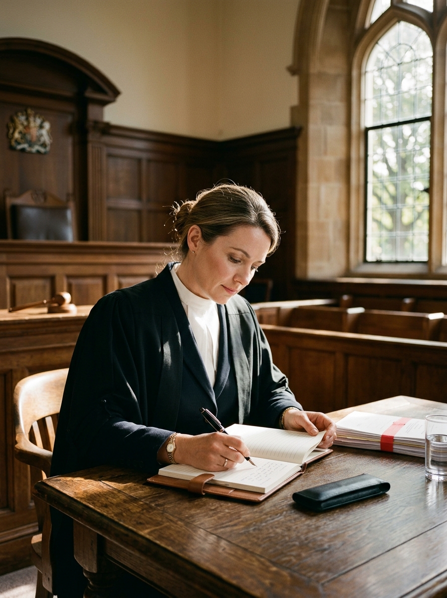 Lawyer Writing in Courtroom