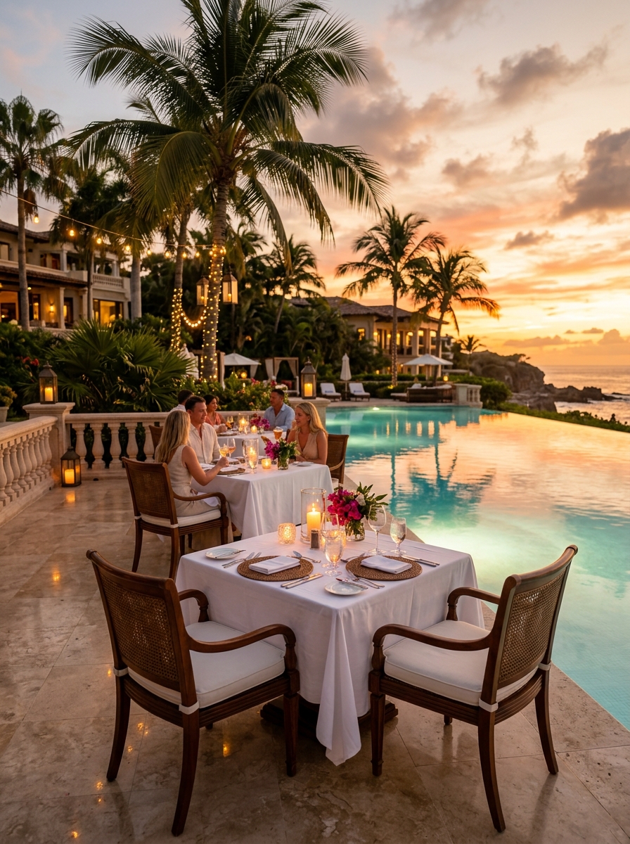 Outdoor poolside dining at sunset