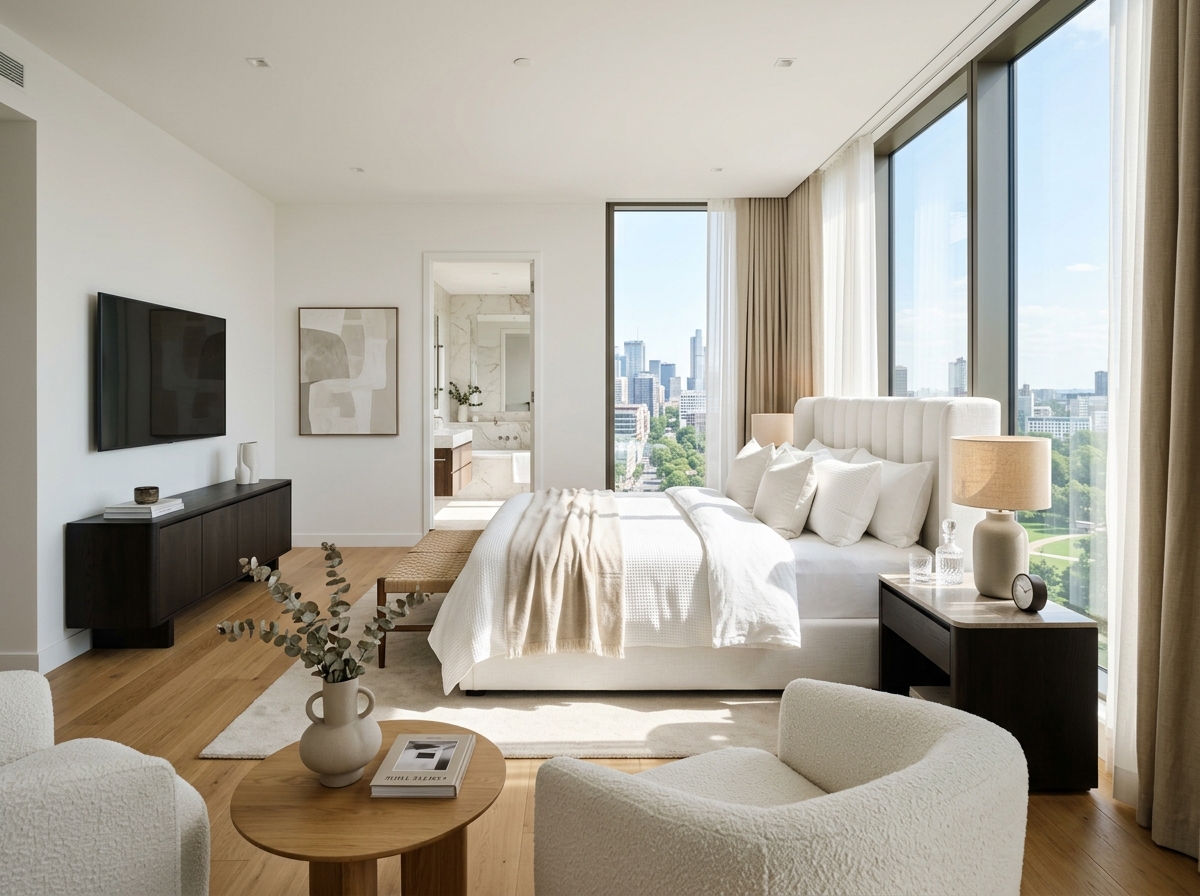 Bright neutral guest suite bedroom