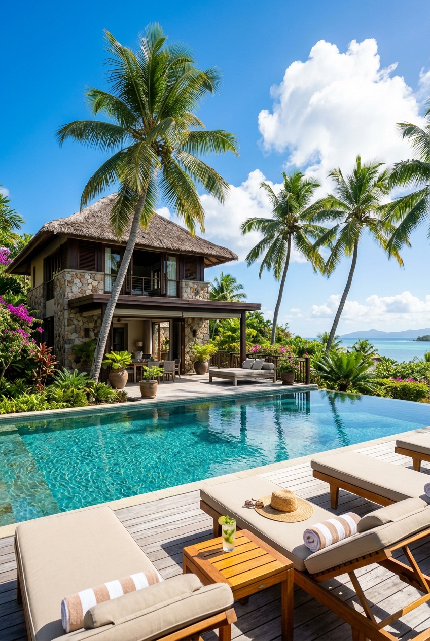 Luxury villa exterior pool deck and palms